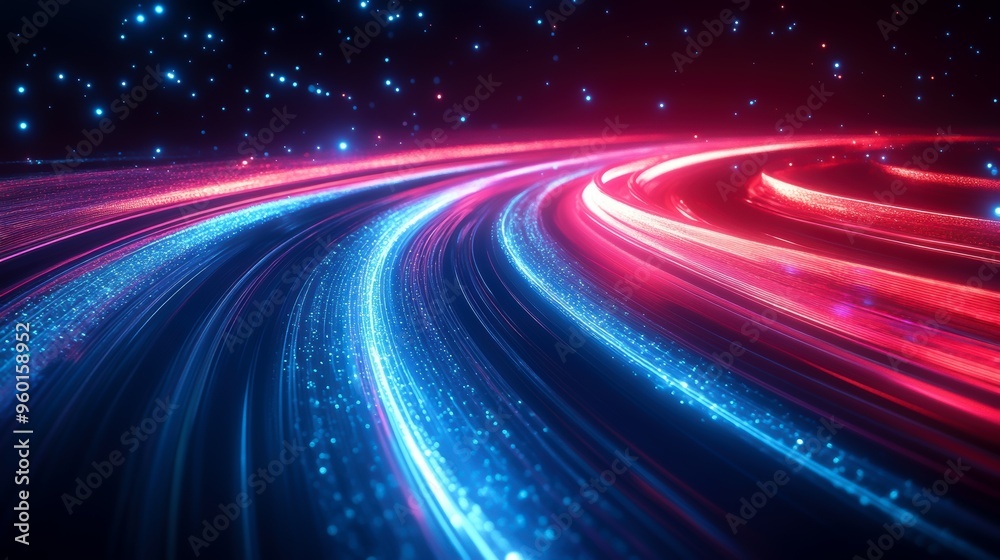 A dynamic blend of vibrant blue and red light trails, creating a sense of movement through a starry, cosmic background A dynamic blend of vibrant blue and red light trails, creating a sense of movement through a starry, cosmic background
