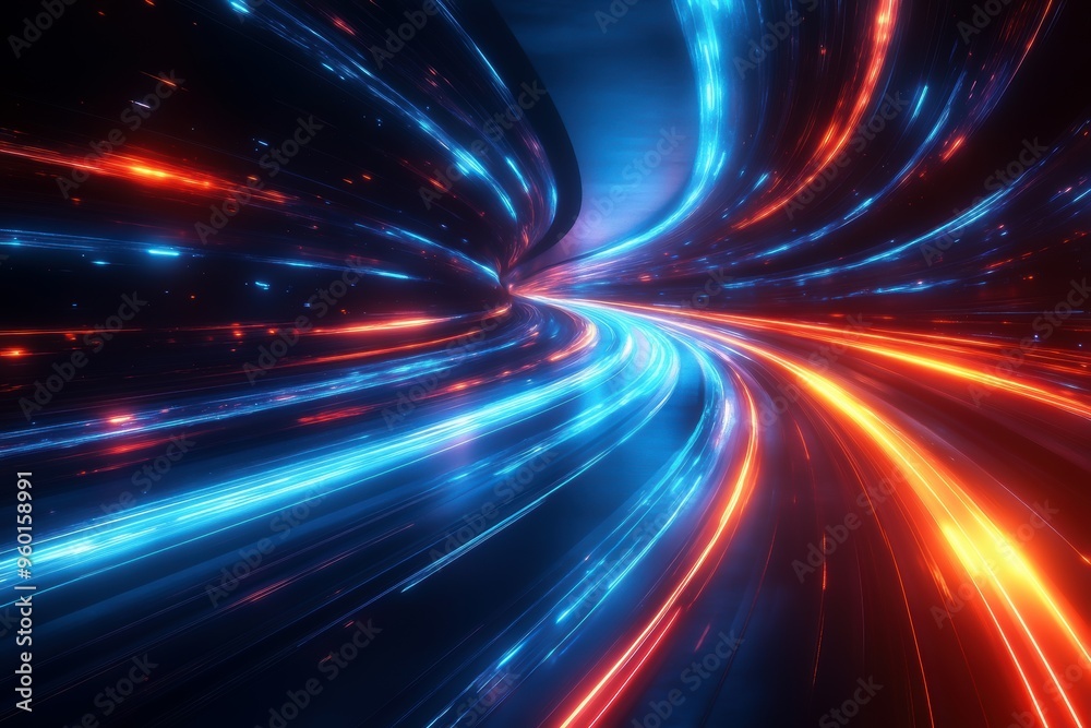 A vibrant abstract representation of light trails, swirling in blue and orange hues, conveying a sense of speed and dynamic motion through a futuristic tunnel A vibrant abstract representation of light trails, swirling in blue and orange hues, conveying a sense of speed and dynamic motion through a futuristic tunnel