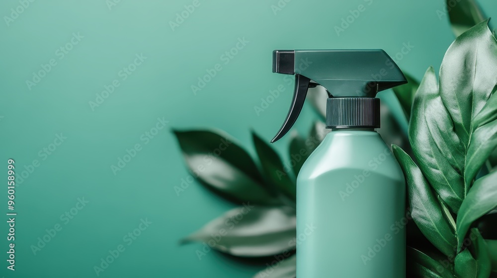 A green spray bottle with a trigger nozzle surrounded by green leaves, highlighting themes of cleaning, freshness, and eco-friendly products against a green backdrop.