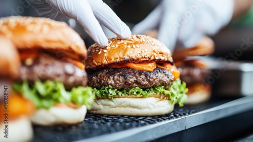 A detailed shot of gloved hands preparing burgers. The focus is on the fresh ingredients, including lettuce and tomato, and the sesame-seed bun, indicating meticulous culinary craft. photo