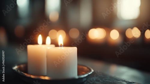 Two white candles burning together on a silver tray, casting a gentle glow and creating a warm, serene atmosphere with an undertone of peaceful contemplation.