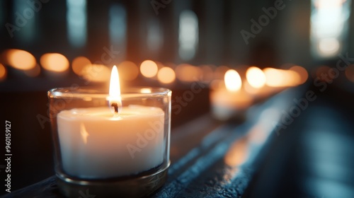 A series of white candles burning in the dark, emitting a soft glow that creates a warm, intimate, and heartfelt atmosphere, ideal for themes of reflection and peace. photo