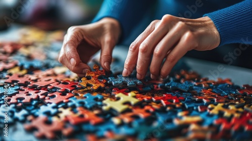 Hands sorting through a pile of jigsaw puzzle pieces, searching for edge pieces to start the border