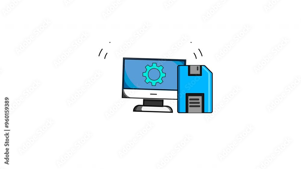 Animated of Computer gear icon and floppy disk on a monitor screen, perfect for technology related designs and retro computing projects. 4k alpha channel Animated of Computer gear icon and floppy disk on a monitor screen, perfect for technology related designs and retro computing projects. 4k alpha channel