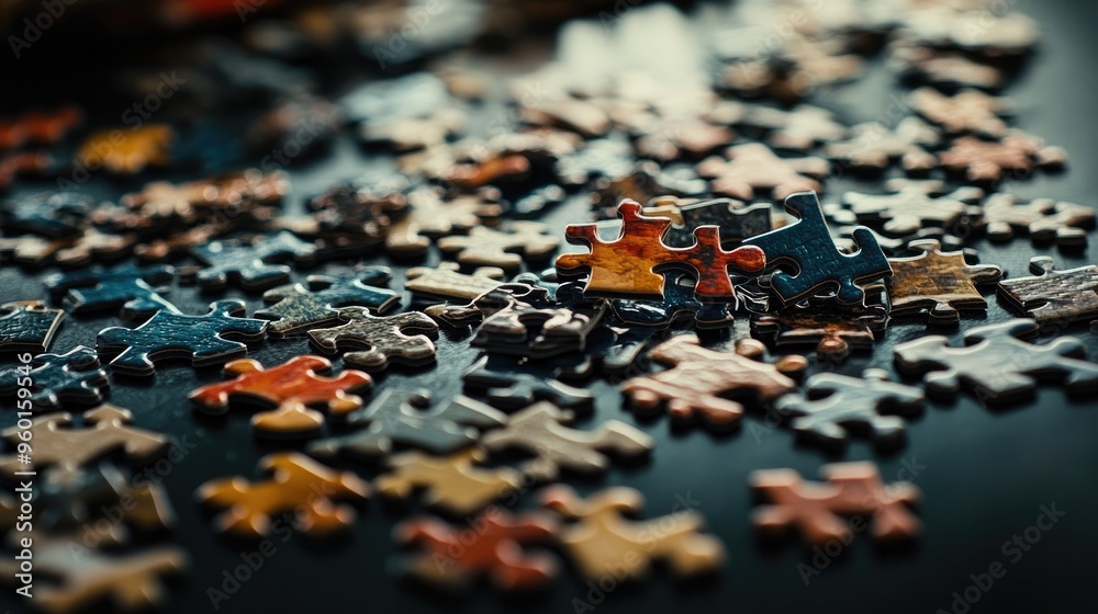 Jigsaw puzzle pieces scattered across a table, with some pieces turned upside down Jigsaw puzzle pieces scattered across a table, with some pieces turned upside down