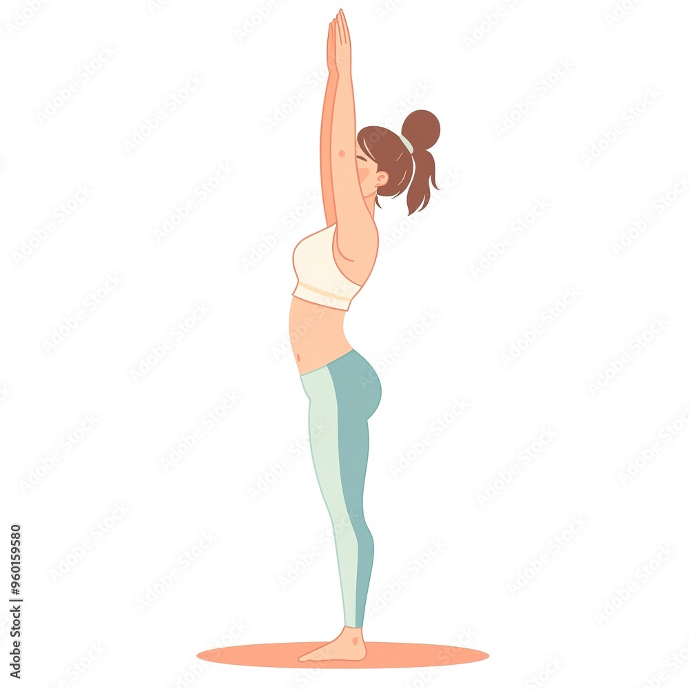 Cartoon girl doing yoga, white background, clip art style, cute and simple design with pastel colors, wearing leggings, on the floor in full length, side view, yoga pose with hands together in prayer Cartoon girl doing yoga, white background, clip art style, cute and simple design with pastel colors, wearing leggings, on the floor in full length, side view, yoga pose with hands together in prayer