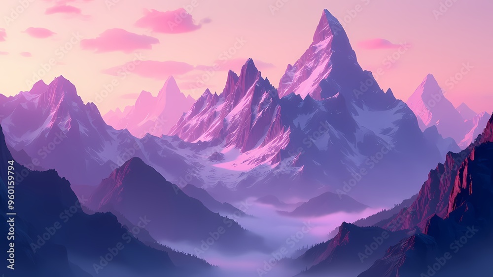 Mystical Mountain Range with Crystalline Peaks Glowing Under Pink Sky