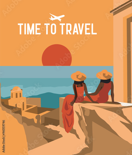 Vacation in Italy, Greece. Tourism. Two women on the beach watching the sunset, admiring the seascape. Postcard, banner with space for text for advertising tourism, social networks, website