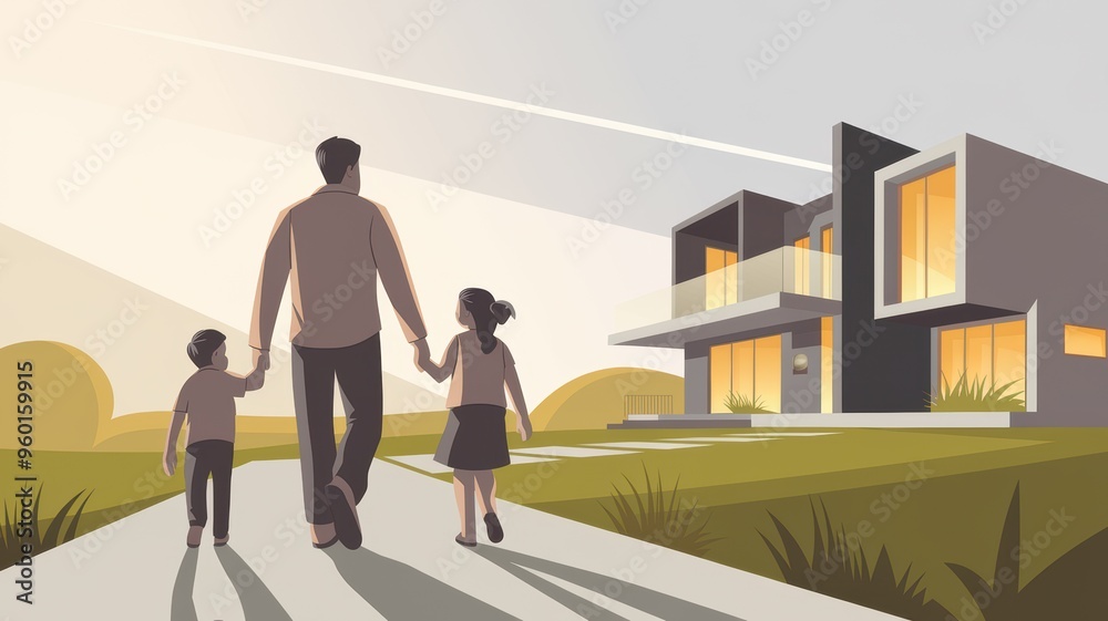 A family strolls together down a pathway towards a modern house, bathed in warm sunlight, reflecting a sense of togetherness and the comfort of home A family strolls together down a pathway towards a modern house, bathed in warm sunlight, reflecting a sense of togetherness and the comfort of home