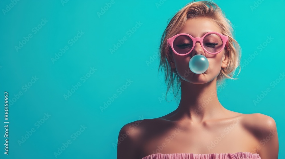 A woman standing against a vibrant light blue background, wearing an off-shoulder top, exuding a calm and serene ambiance perfect for lifestyle and fashion contexts. A woman standing against a vibrant light blue background, wearing an off-shoulder top, exuding a calm and serene ambiance perfect for lifestyle and fashion contexts.