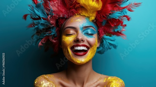A woman with vibrant face paint and multi-colored feathers proudly displays her spirited makeup artistry against a blue background, illustrating creative exuberance and joy.