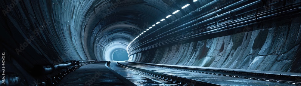 Obraz premium A futuristic tunnel with sleek lines and dim lights, leading to a bright opening, creating a sense of depth and mystery.