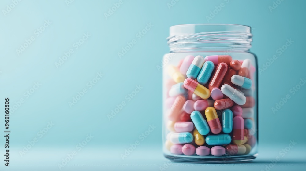 A close-up of a clear jar filled with various colorful capsules and pills set against a blue backdrop, symbolizing healthcare, remedy, and pharmaceutical products. A close-up of a clear jar filled with various colorful capsules and pills set against a blue backdrop, symbolizing healthcare, remedy, and pharmaceutical products.