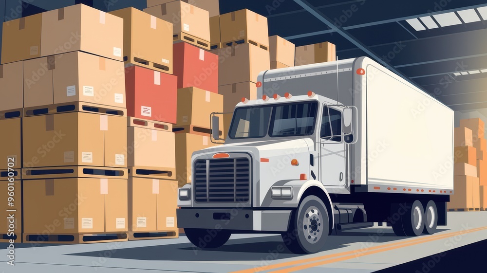 A white delivery truck parked in a warehouse, surrounded by tall stacks of cardboard boxes, showcasing a busy logistical environment A white delivery truck parked in a warehouse, surrounded by tall stacks of cardboard boxes, showcasing a busy logistical environment