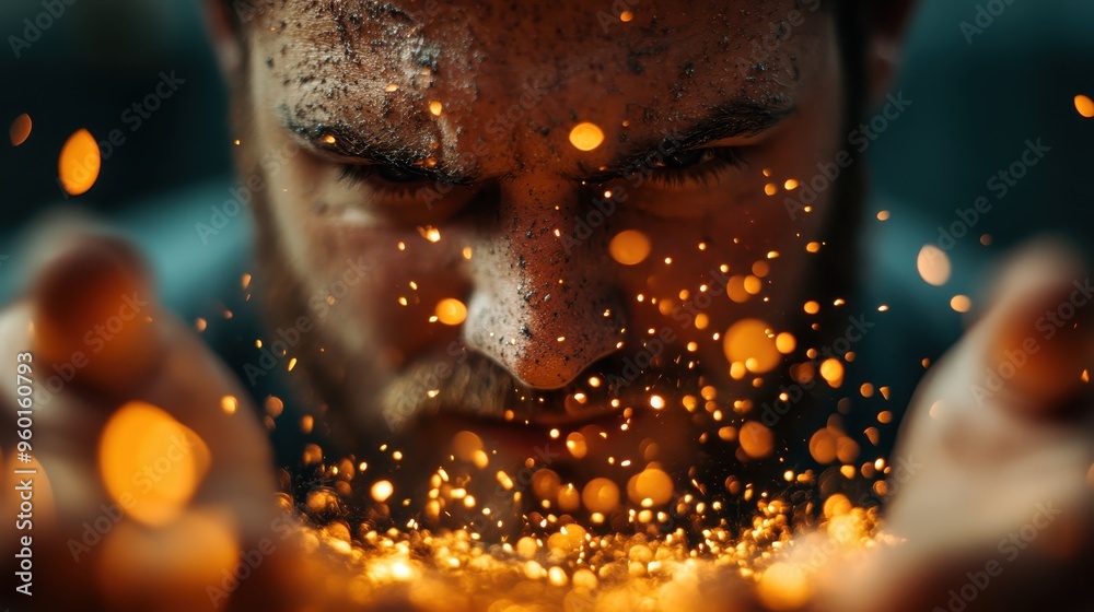 A mesmerizing photograph of hands holding and gently releasing glowing particles, representing creativity and wonder, captured with brilliant lighting and focus on particles.