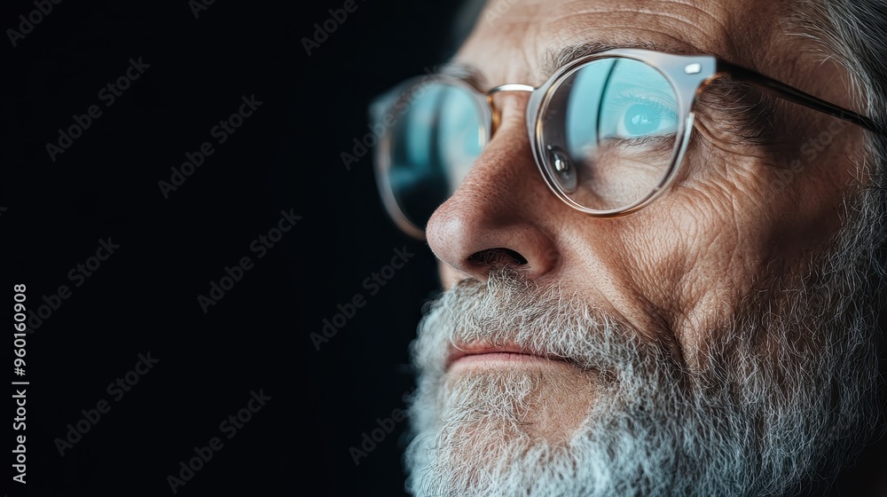This close-up image captures an elderly man with grey hair and glasses, highlighting the nuanced facial features and expressions against a minimalist dark backdrop. This close-up image captures an elderly man with grey hair and glasses, highlighting the nuanced facial features and expressions against a minimalist dark backdrop.