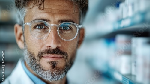 A pharmacist with clear glasses stands confidently in a well-lit pharmacy, surrounded by shelves of medical supplies and medications, showcasing his expertise and readiness to help. photo