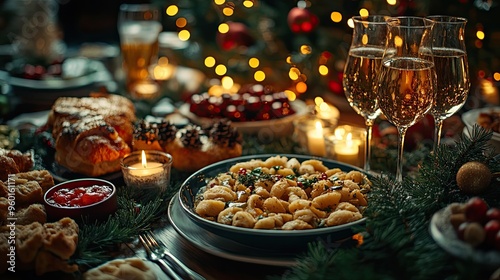 A festive Christmas dinner scene with lit candles, sparkling wine glasses, and a delicious meal set against a backdrop of holiday lights.