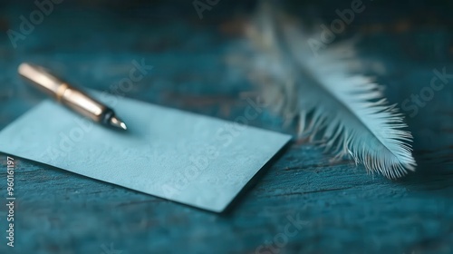 This image depicts an envelope alongside a pen resting on a wooden surface with a delicate feather nearby, highlighting elements of communication and creativity. photo