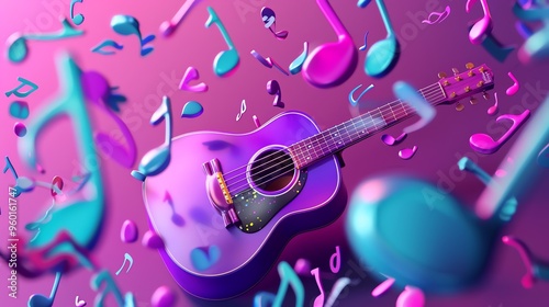 A purple acoustic guitar on a pink background with colorful music notes flying around it.