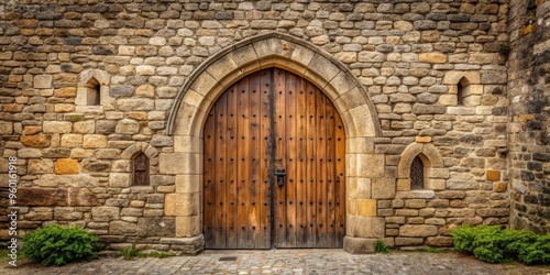 Medieval castle gate background with stone walls and wooden door