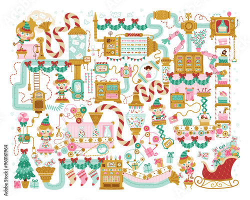 Christmas Factory Santa Claus, elves read letters, pack gifts, toys and candies for children. Hand drawn vector illustration in retro style, fantasy mechanisms, pipes and conveyors. white background.