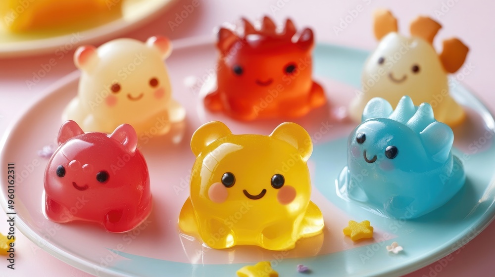 Jelly shaped like small animals, perfect for a kids' party, arranged on a pastel-colored plate Jelly shaped like small animals, perfect for a kids' party, arranged on a pastel-colored plate