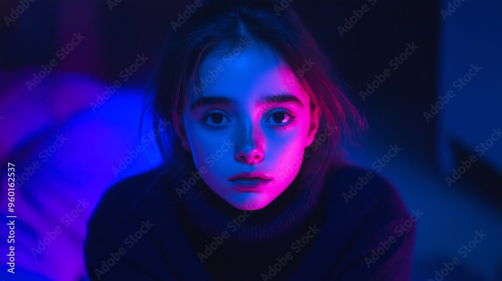 A close-up portrait of a girl with long hair, illuminated by dramatic blue and purple lighting. She looks at the camera with a serious expression, wearing a dark sweater A close-up portrait of a girl with long hair, illuminated by dramatic blue and purple lighting. She looks at the camera with a serious expression, wearing a dark sweater