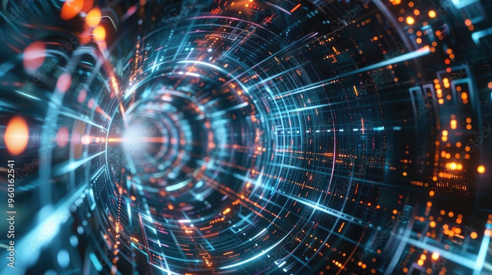 A vibrant tunnel of light and technology, showcasing a futuristic digital landscape with dynamic lines and glowing particles. A vibrant tunnel of light and technology, showcasing a futuristic digital landscape with dynamic lines and glowing particles.