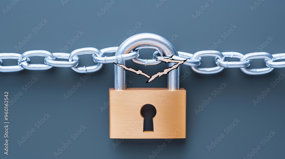 Cybersecurity concept with a broken chain and padlock, symbolizing vulnerability and risk management solutions Cybersecurity concept with a broken chain and padlock, symbolizing vulnerability and risk management solutions