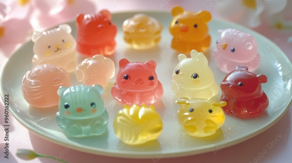 Jelly shaped like small animals, perfect for a kids' party, arranged on a pastel-colored plate Jelly shaped like small animals, perfect for a kids' party, arranged on a pastel-colored plate