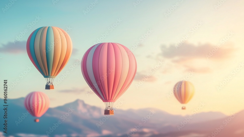 Fototapeta premium Pastel hot air balloons floating over mountains at sunrise
