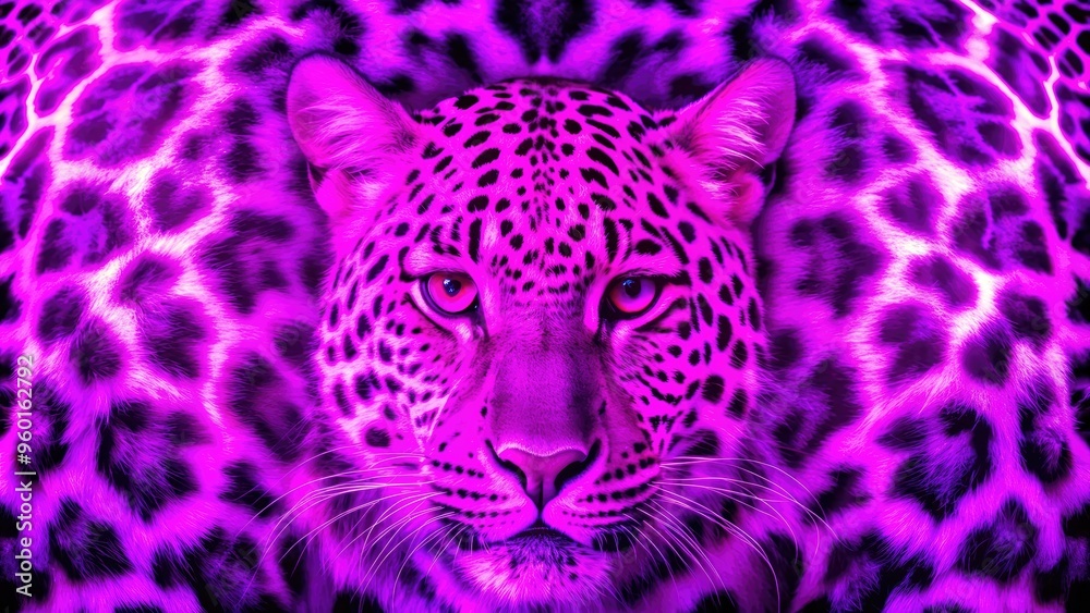 Obraz premium Vibrant purple neon leopard print background, wild, exotic, animal print, colorful, neon, vibrant, trendy, fashion, wildlife