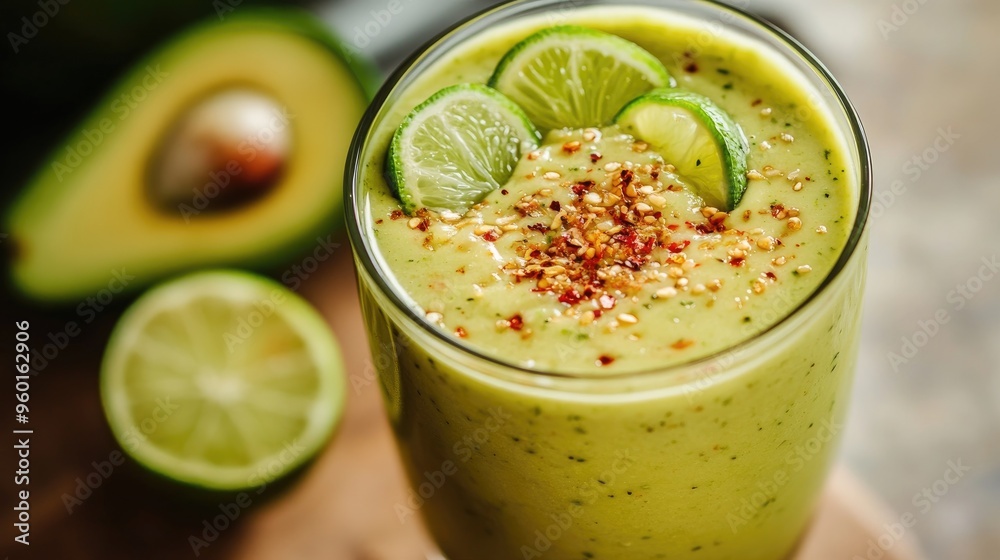 A refreshing green smoothie garnished with lime and spices, ideal for health and wellness. A refreshing green smoothie garnished with lime and spices, ideal for health and wellness.