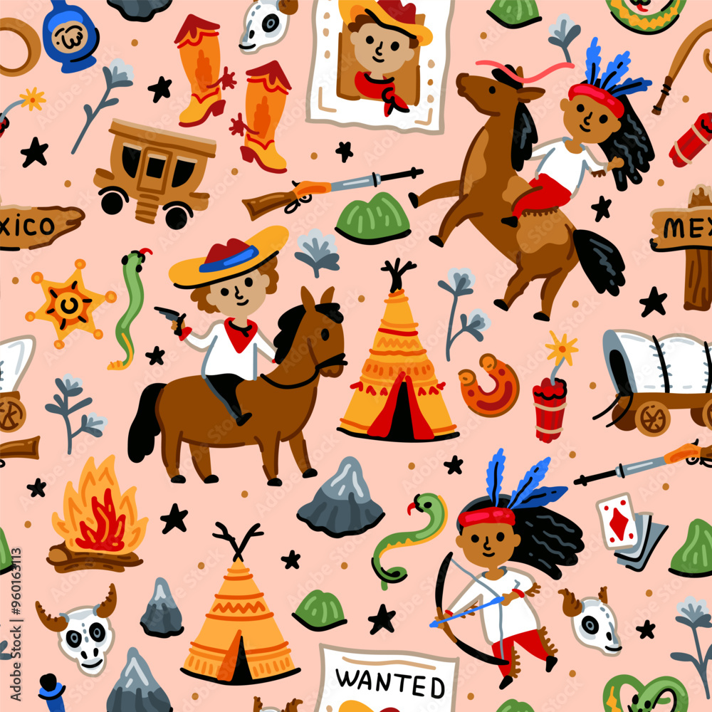 Bright cheerful children seamless vector pattern with American native indians and western cowboy from wild west rural Landscape. Childish background. Cheerful characters with animals and plants. Bright cheerful children seamless vector pattern with American native indians and western cowboy from wild west rural Landscape. Childish background. Cheerful characters with animals and plants.