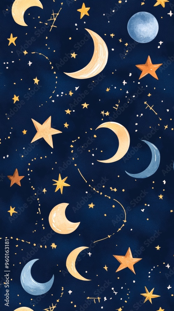 A blue and white pattern of stars and crescent moons