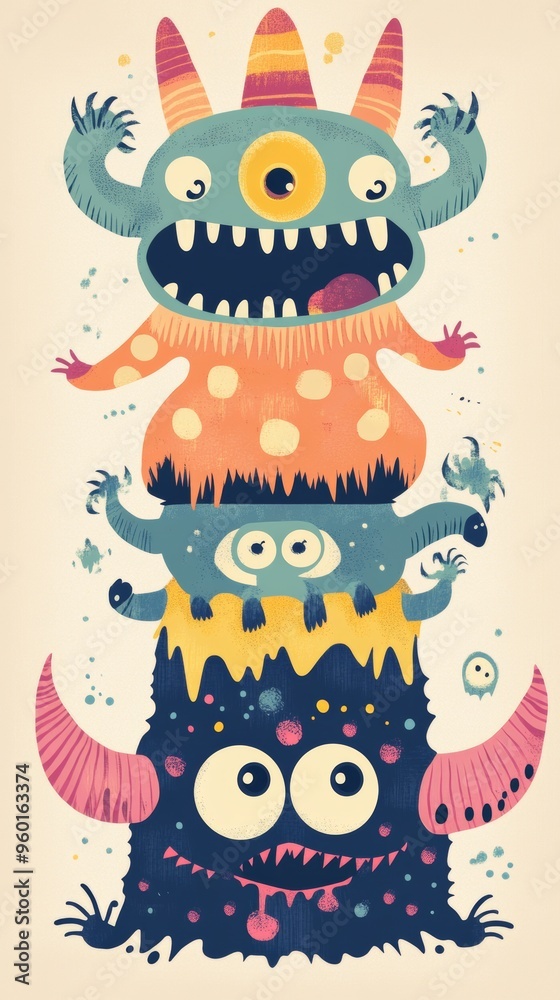Obraz premium A cartoon drawing of three monsters stacked on top of each other