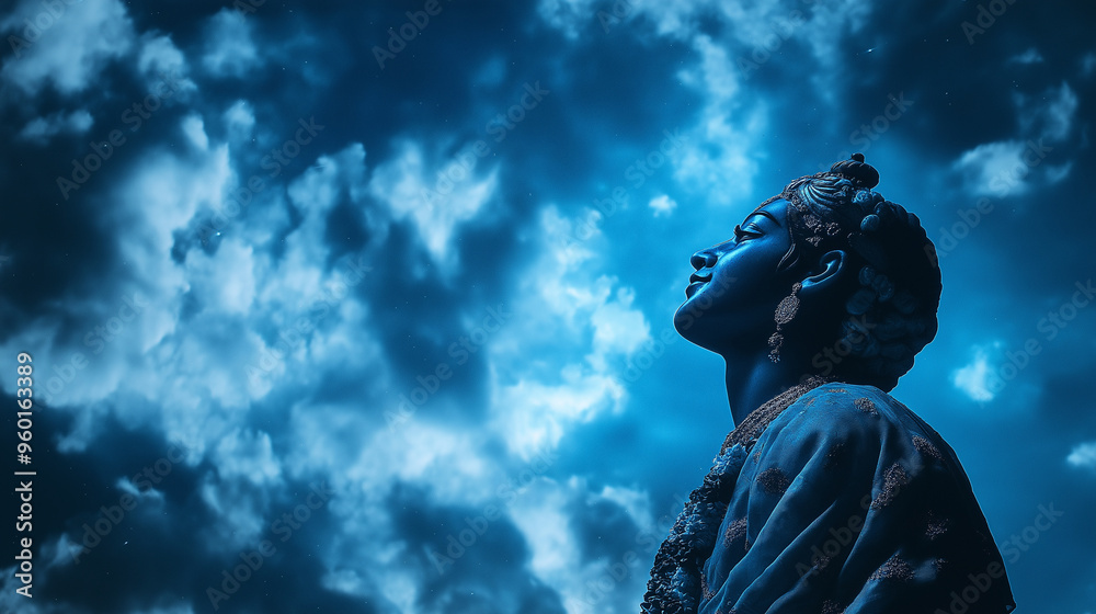 Krishna's divine form illuminated against a dark sky with faint outlines of clouds and distant stars. Krishna's divine form illuminated against a dark sky with faint outlines of clouds and distant stars.