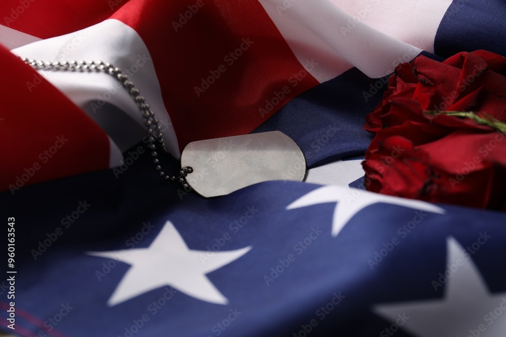 Fototapeta premium Veterans day. Army token, American flag and roses, closeup