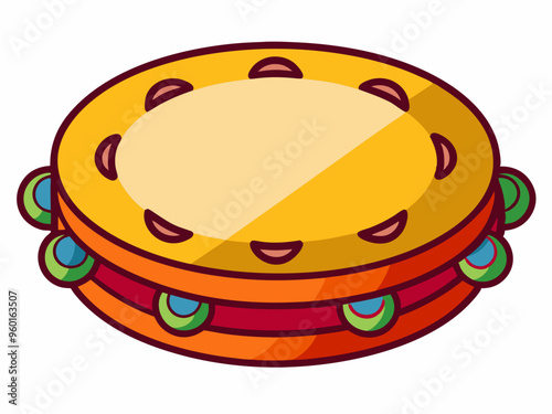 Tambourine. Percussion Musical instrument. A symbol of Mardi Gras, Brazilian carnival, festival. Flat decorative element. Vector illustration isolated on a white background
