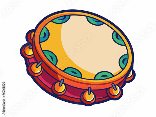 Tambourine. Percussion Musical instrument. A symbol of Mardi Gras, Brazilian carnival, festival. Flat decorative element. Vector illustration isolated on a white background
