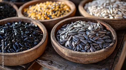 3h Birds Seeds: Black oil sunflower seeds, suet cakes, and nyjer seeds for different bird species