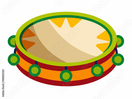 Tambourine. Percussion Musical instrument. A symbol of Mardi Gras, Brazilian carnival, festival. Flat decorative element. Vector illustration isolated on a white background
