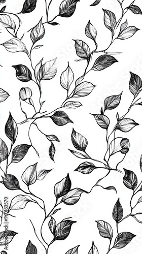 A black and white drawing of leaves and branches