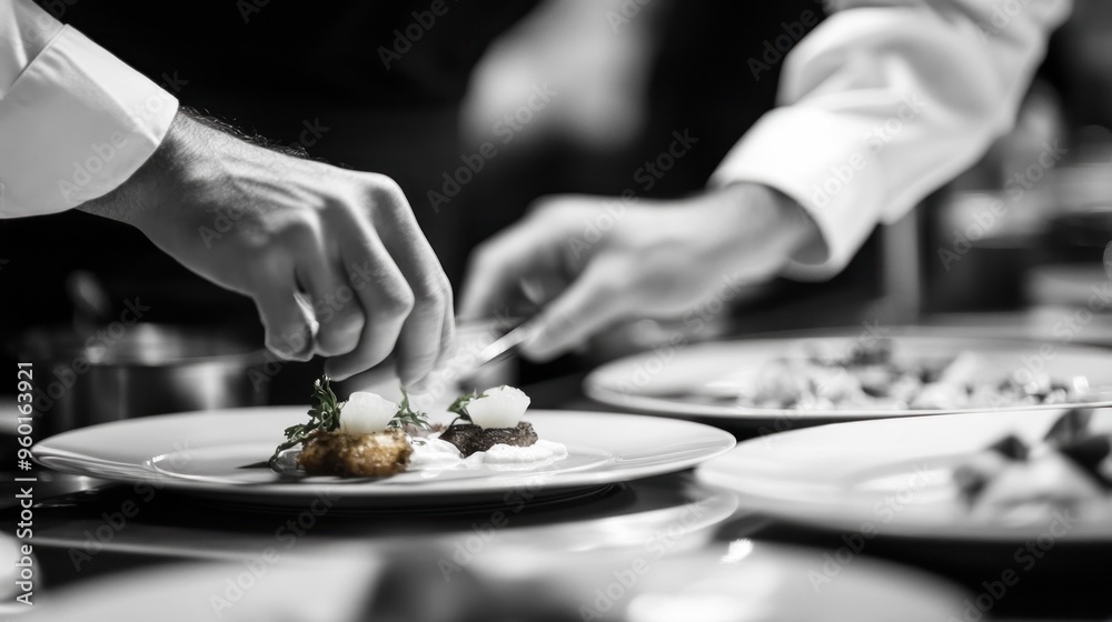 Chef Preparing a Gourmet Dish with Garnishes Chef Preparing a Gourmet Dish with Garnishes