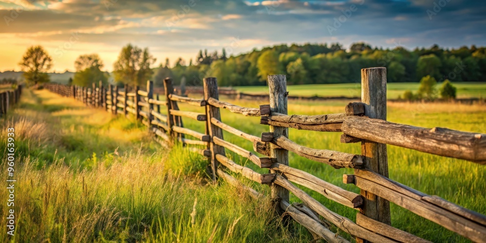 Rustic old fence in rural landscape with weathered pickets in focus Rustic old fence in rural landscape with weathered pickets in focus