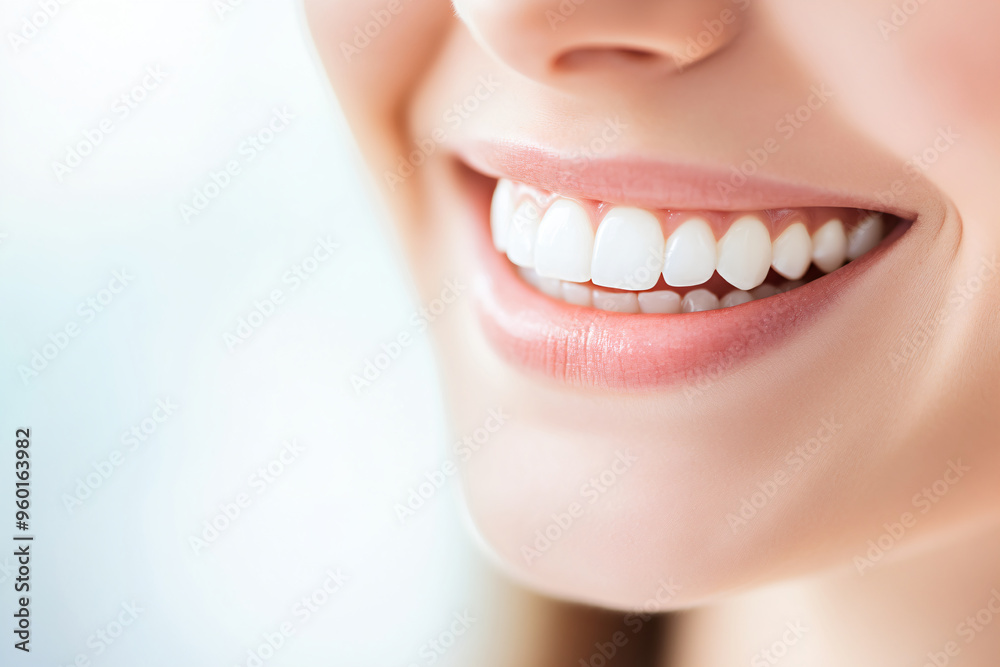 Fototapeta premium Bright female smile. Girl lips with open mouth with perfect teeth. Dental care and whitening healthy procedure. orthodontic treatment with teeth straightening Dentistry banner with copy space
