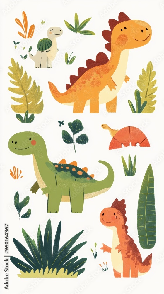 A group of cartoon dinosaurs are standing in a jungle A group of cartoon dinosaurs are standing in a jungle
