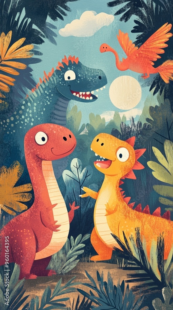 Three dinosaurs are standing in a jungle, one of which is a baby Three dinosaurs are standing in a jungle, one of which is a baby