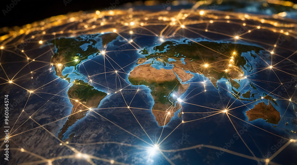 Global business network with world map and connecting flight paths Global business network with world map and connecting flight paths